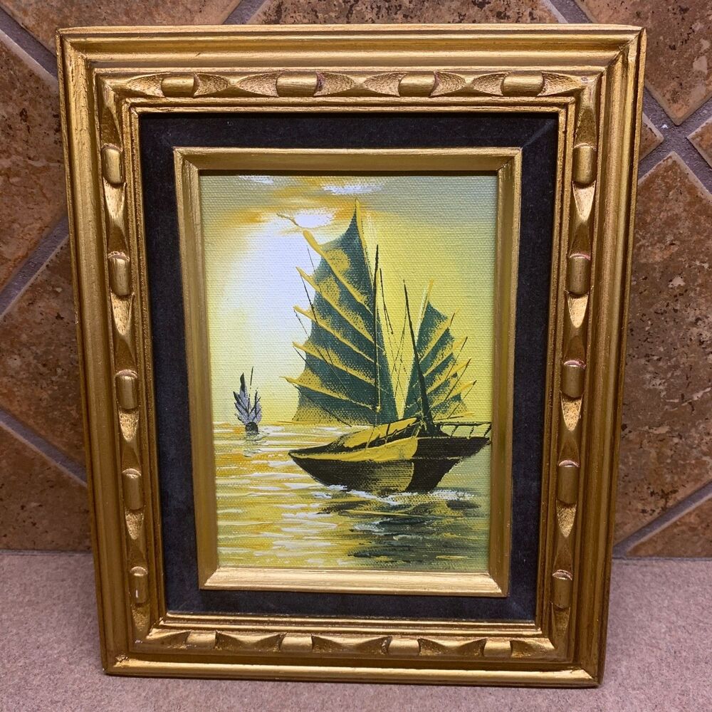 Vintage Original Oil Painting Chinese Fishing Junk Boats Gold Wooden Frame 8x10
